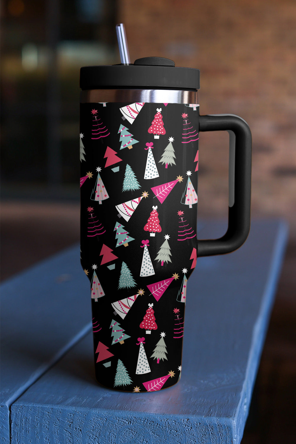 Black Cartoon Christmas Tree Printed Thermos Cup