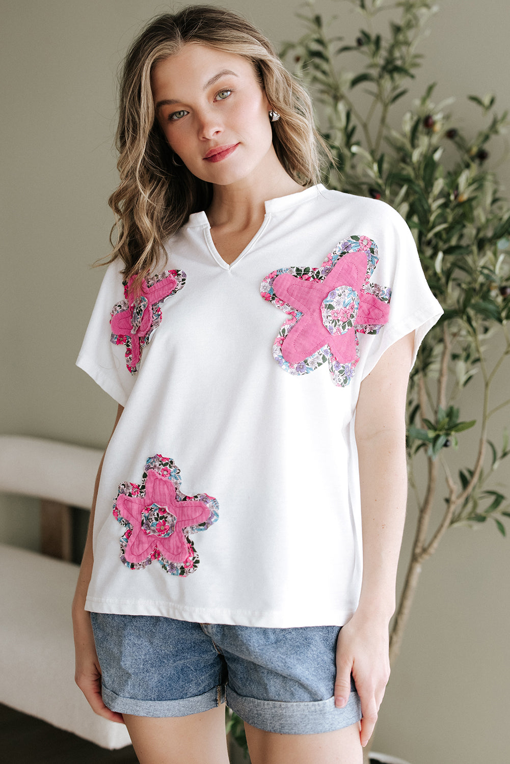 White Floral Applique Notched V-Neck Dolman Sleeve Top