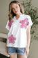 White Floral Applique Notched V-Neck Dolman Sleeve Top
