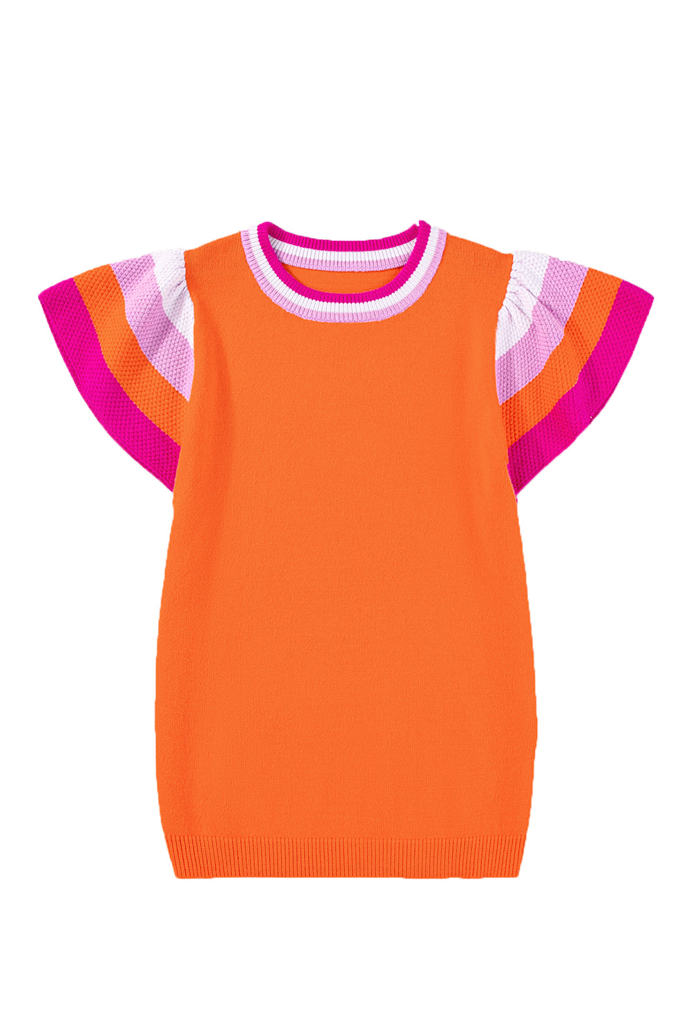 Bright Pink Contrast Sleeve Striped Round Neck Knitted Tee