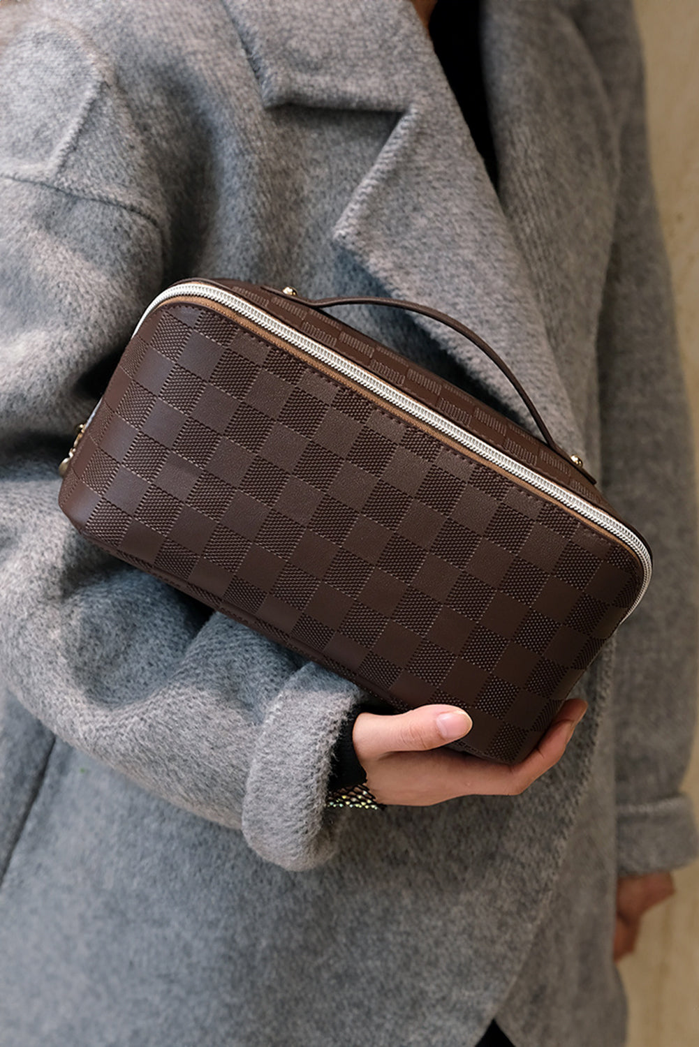 Chestnut Checkered Zipper Handle PU Leather Travel Makeup Bag