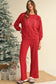 Fiery Red Crinkle Rib Jolly Pattern Long Sleeve Top and Pockets Pants Set