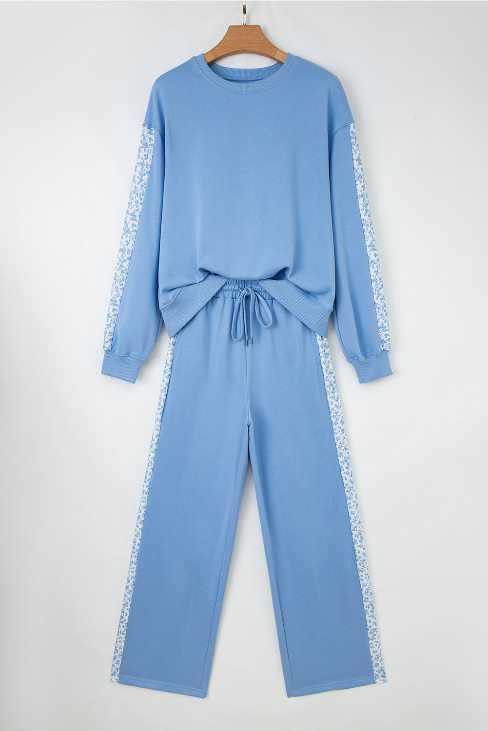 Blue Floral Patchwork Drop Shoulder Pullover and Sweatpants Lounge Set
