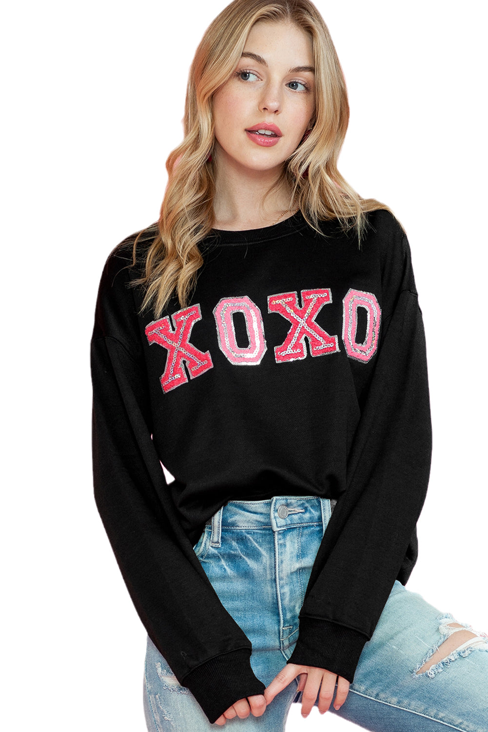 Black Valentine Shiny XOXO Letter Graphic Sweatshirt