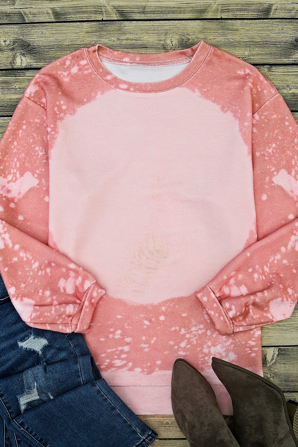 Pink Bleached Round Neck Pullover Sweatshirt