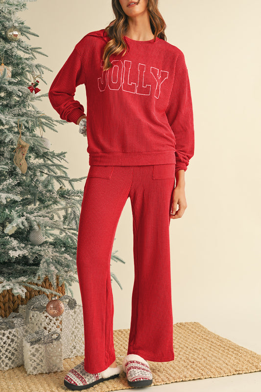 Fiery Red Crinkle Rib Jolly Pattern Long Sleeve Top and Pockets Pants Set