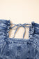 Square Neck Ruffle Trim Backless Puff Sleeve Denim Dress