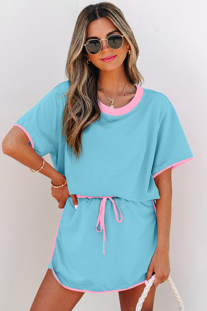 Turquoise Colorblock Edge Drop Shoulder T-Shirt and Skort Two Piece Set