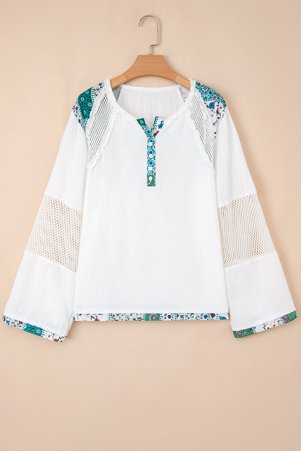 White Floral Mesh Patched Color Block Half Button Blouse