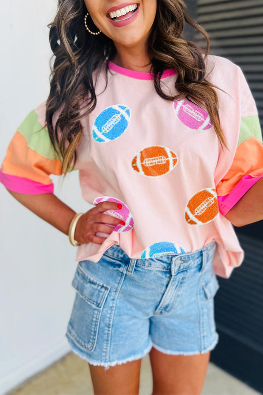 Pink Football Chenille Embroidered Color Block Half Sleeve T-Shirt