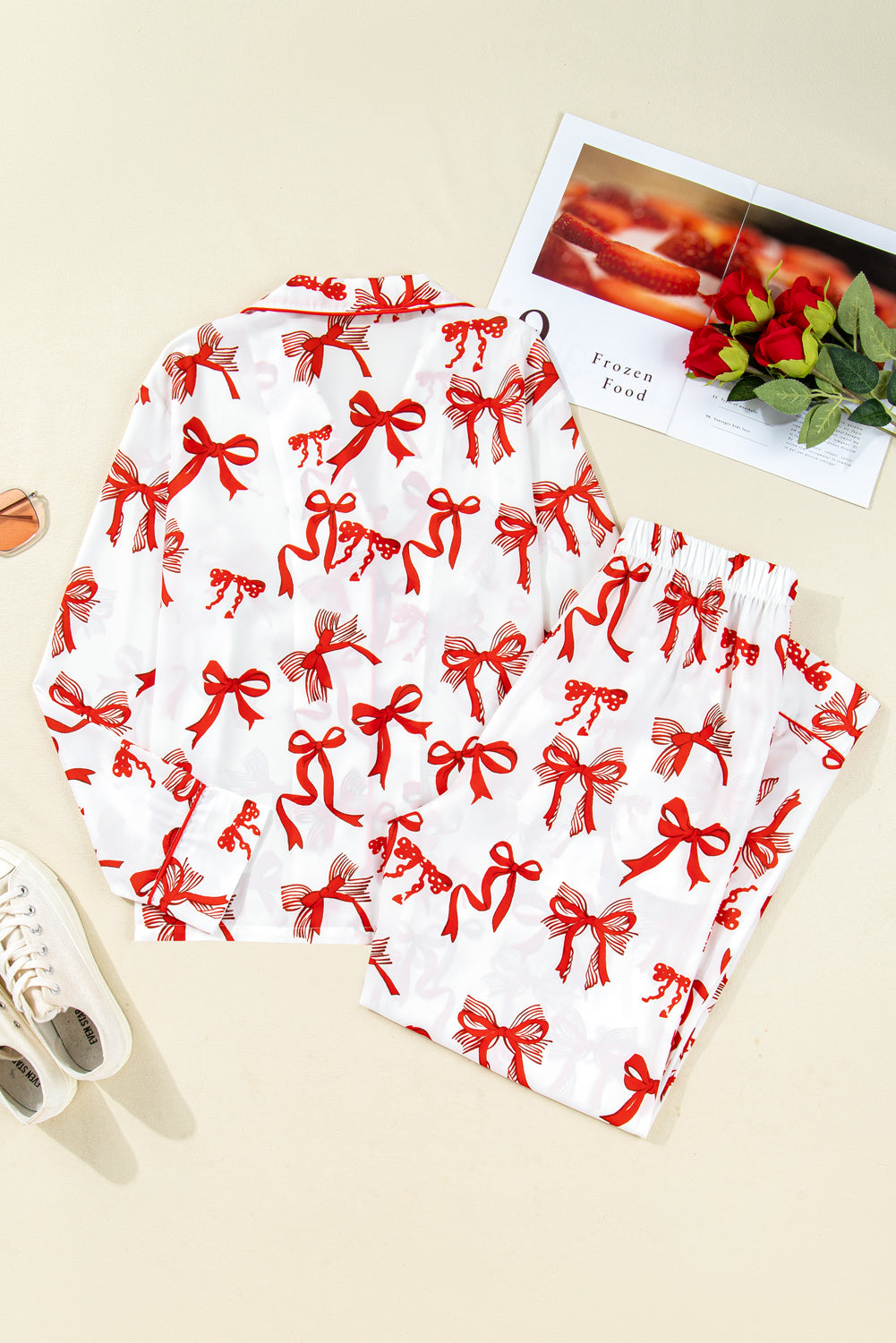 Red Christmas Bow Print Long Sleeve Two Piece Pajama Set