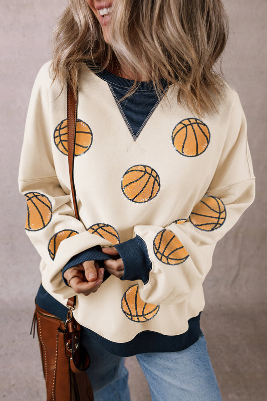 White Classic Basketball Graphic Crew Colorblock Sweatshirt