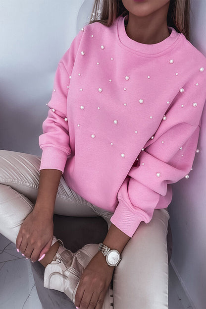 Pink Pearl Decor Ribbed Contrast Round Neck Sweatshirt