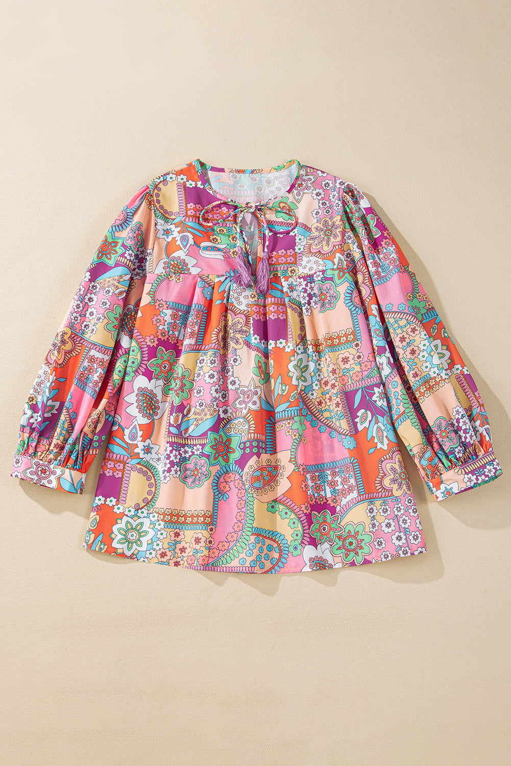 Multicolour Boho Floral Tie V Neck Pleated Blouse