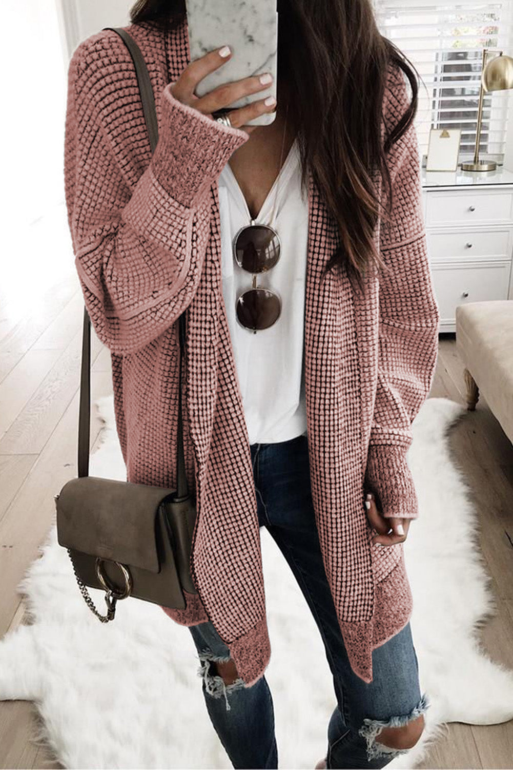 Rose Plaid Contrast Trim Casual Knit Long Cardigan