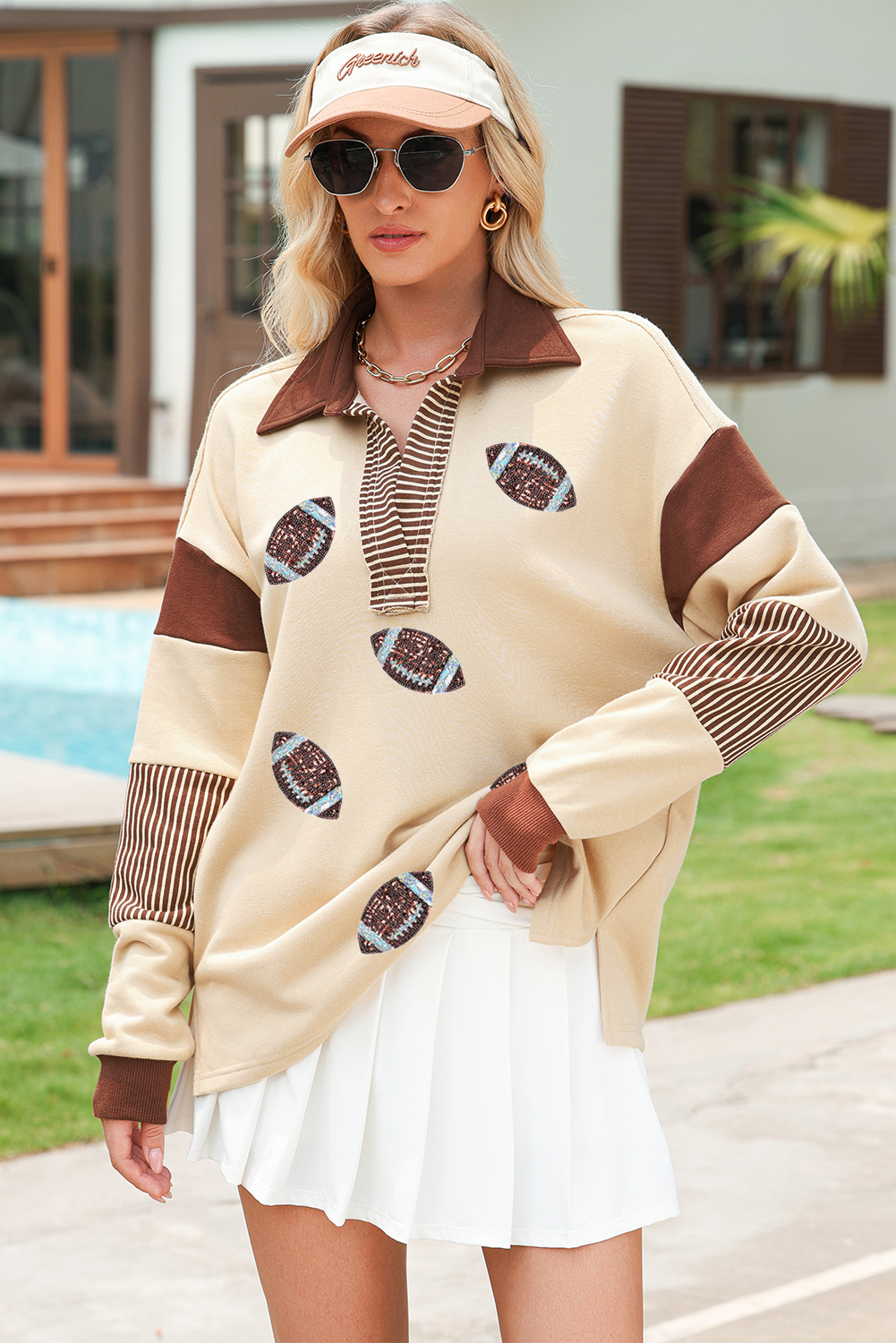 Light French Beige Football Sequins Patch Striped Patchwork Polo Sweatshirt