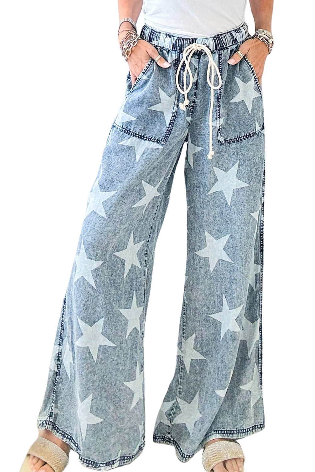 Light Blue Star Print Light Wash Drawstring High Waist Wide Leg Jeans