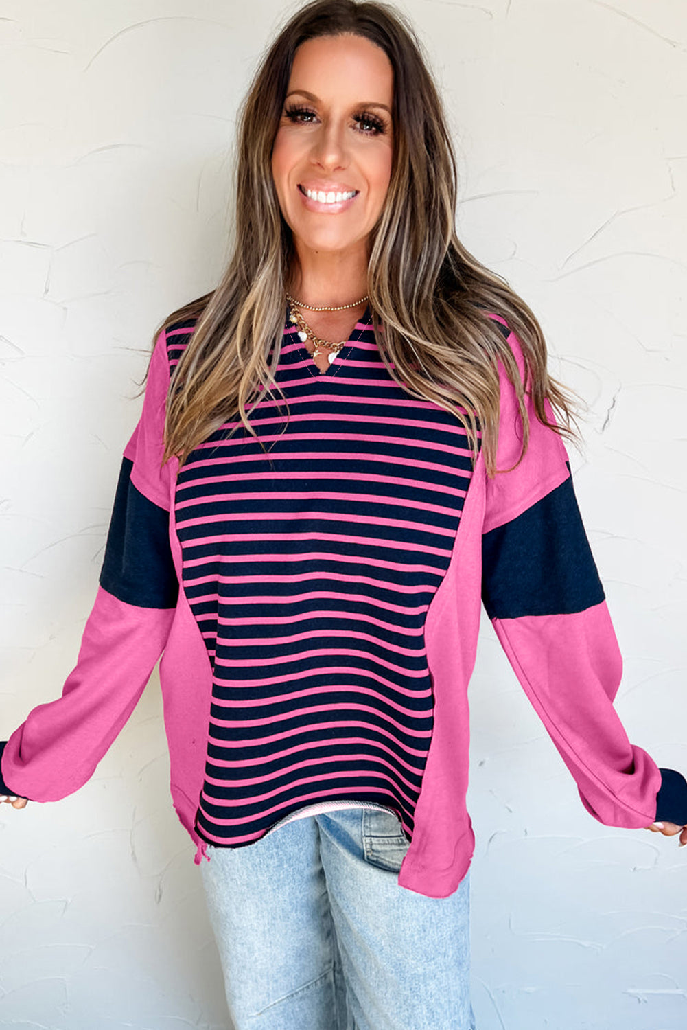 Pink & Navy Striped Colorblock V-Neck Long Sleeve Top