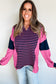 Pink & Navy Striped Colorblock V-Neck Long Sleeve Top