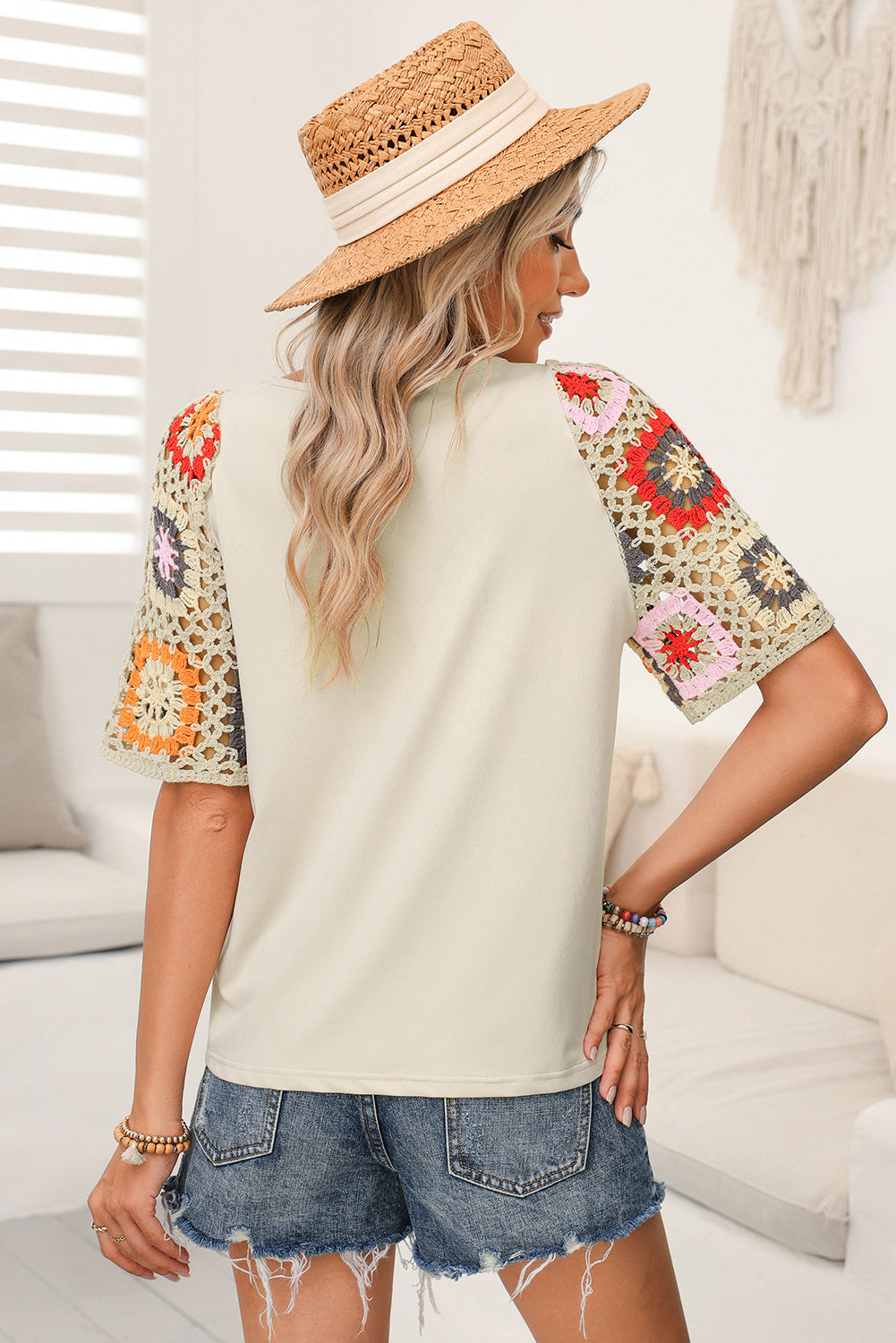 Black Floral Hollowed Crochet Sleeve Boho T Shirt