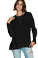 Black Plain Waffle Knit Drop Sleeve Side Slits Oversized Top