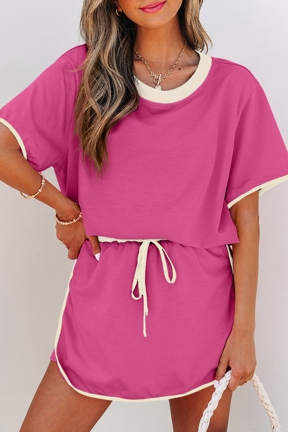 Rose Red Colorblock Edge Drop Shoulder T-Shirt and Skort Two Piece Set