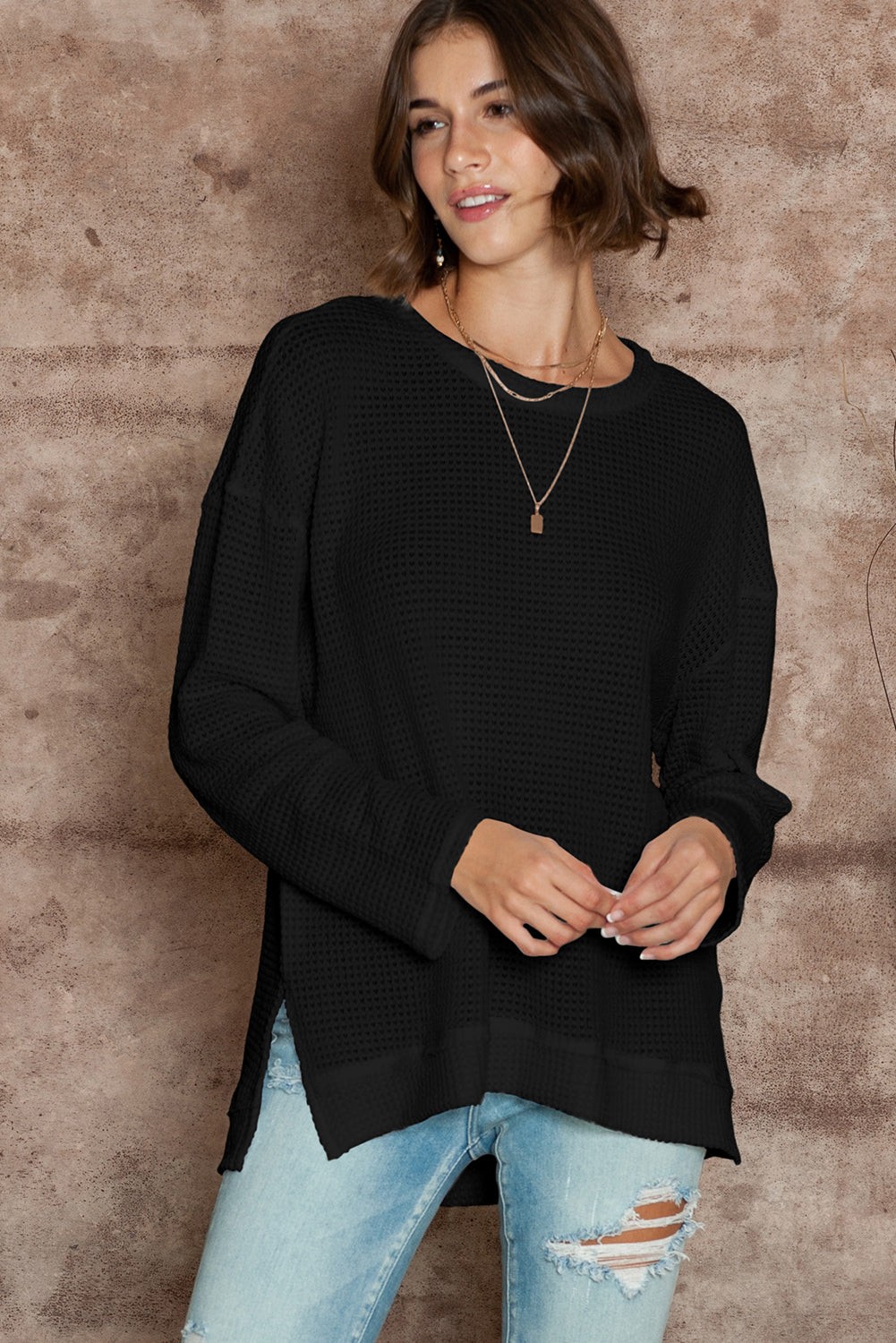 Black Plain Waffle Knit Drop Sleeve Side Slits Oversized Top