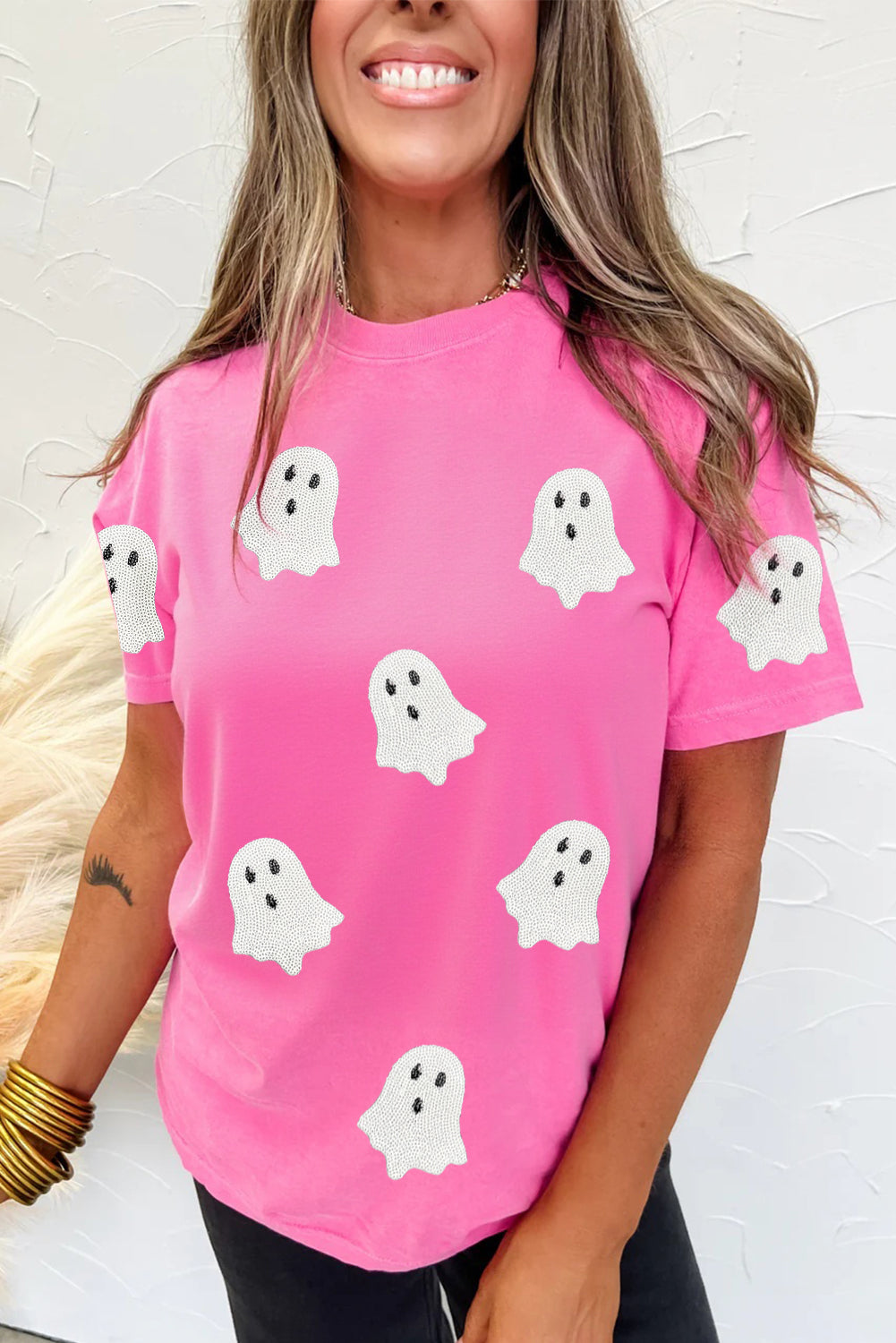 Pink Sequin Halloween Ghost Patched Casual T-Shirt
