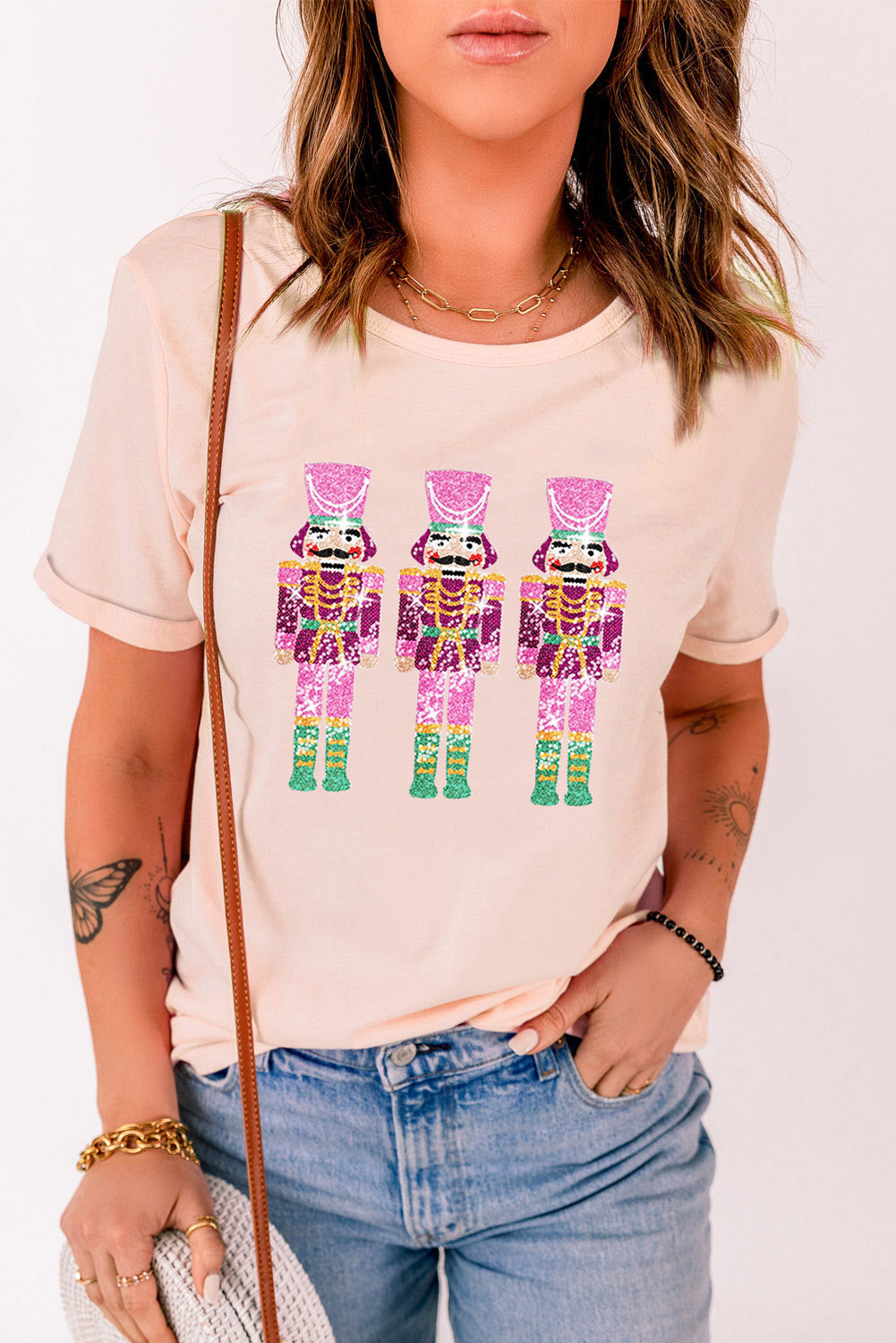 Pink Casual Glitter Nutcracker Graphic Round Neck Tee