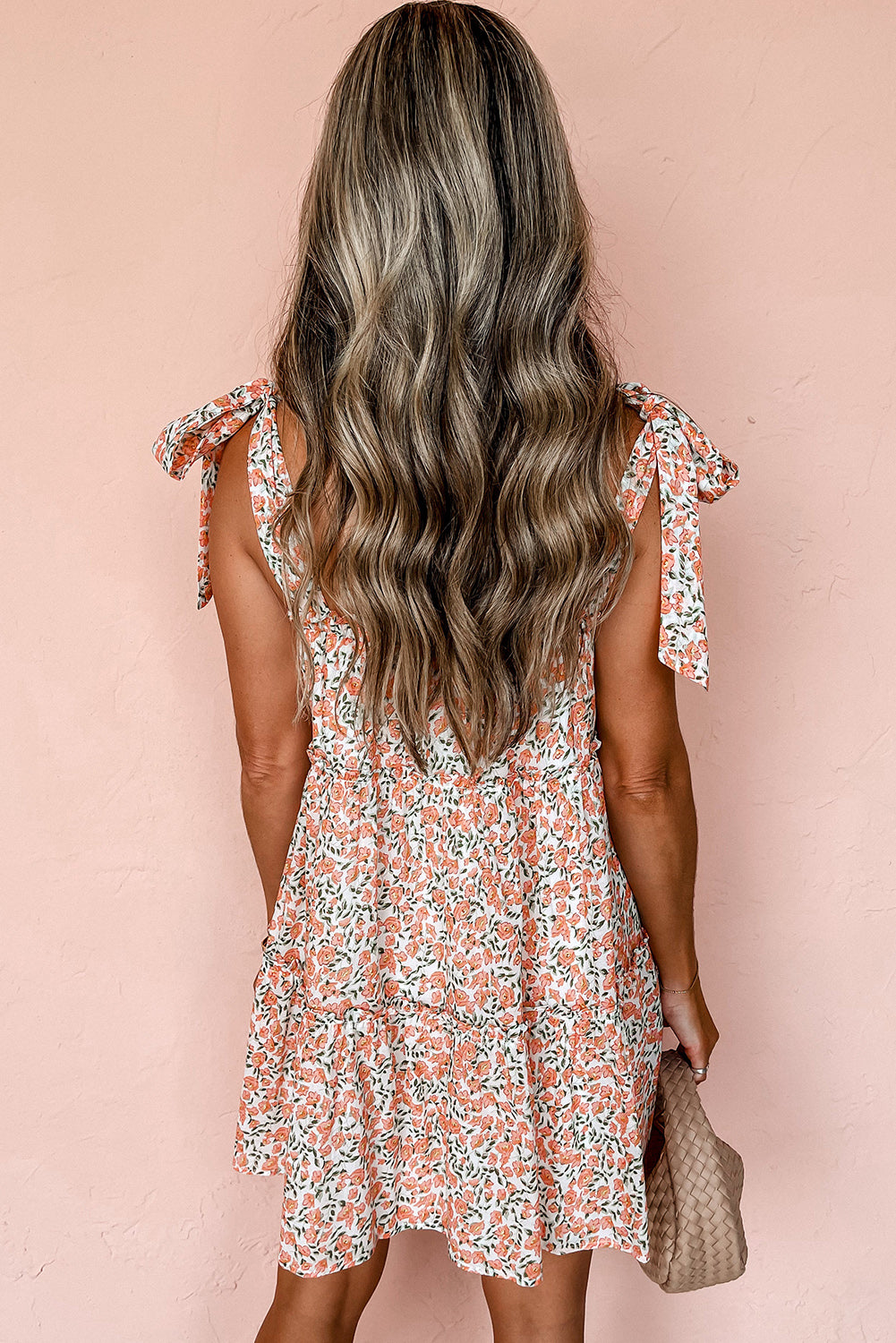 Blue Floral Knotted Straps Tiered Babydoll Dress