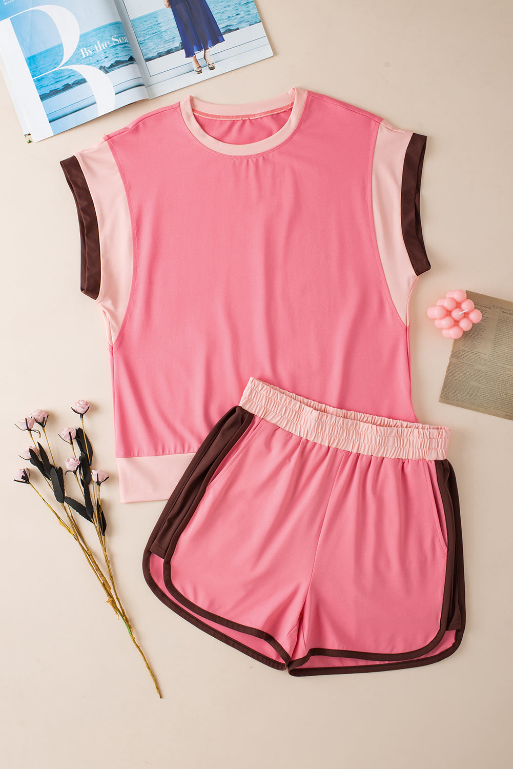 Peach Blossom Contrast Trim Cap Sleeve Tee And Shorts Set