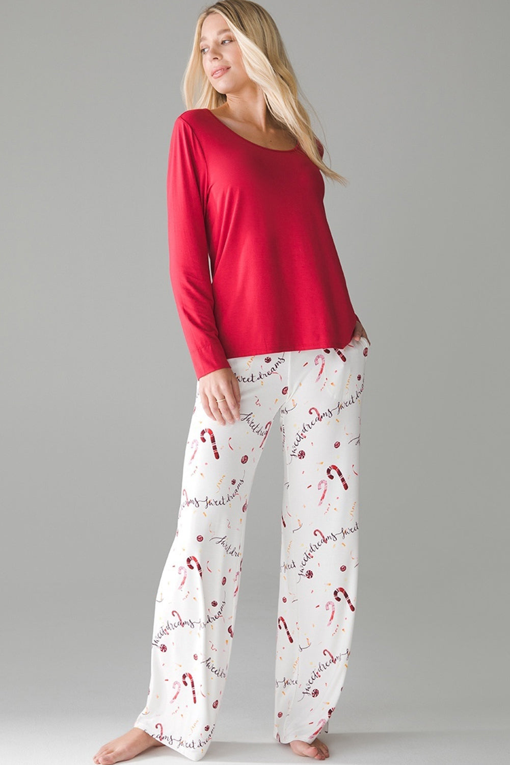 Red Solid Top and Christmas Print Pants Pajama Set