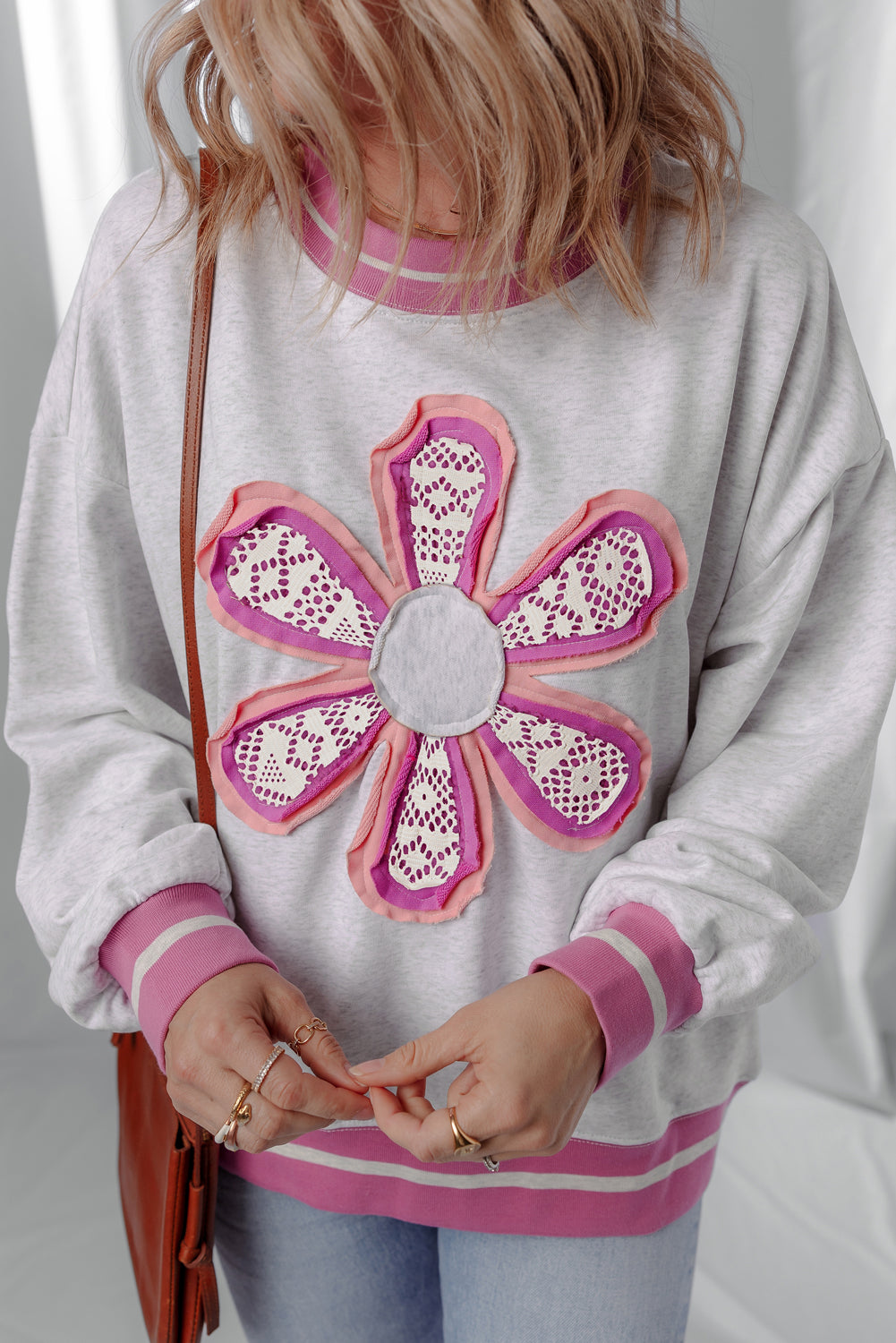 Flower Power Contrast Trim Crewneck Sweatshirt