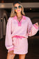 Pink Stripe Collared V-Neck Drop Shoulder Pullover and Skort Two Piece Set