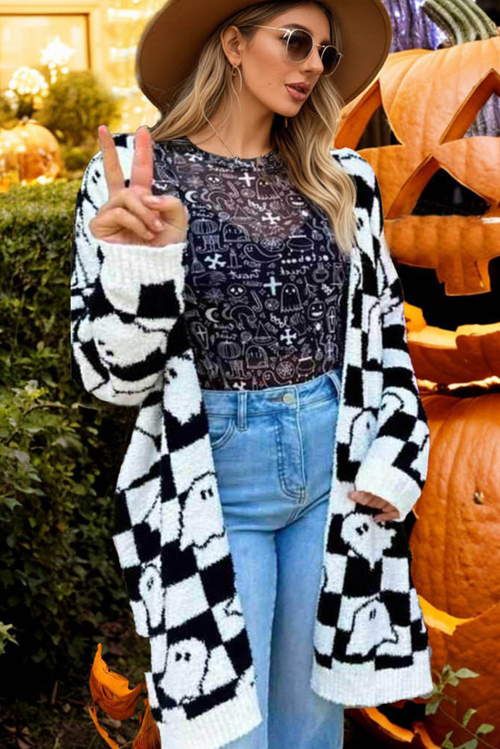 Black And White Halloween Plaid Ghost Pattern Mid length Knitted Cardigan