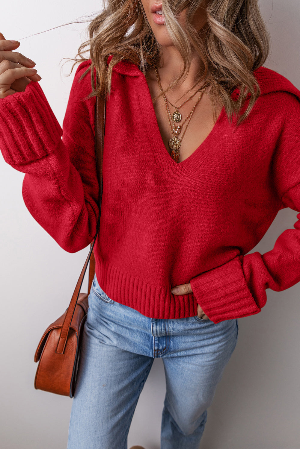 Red Collared V-Neck Ribbed Edge Elegant Sweater
