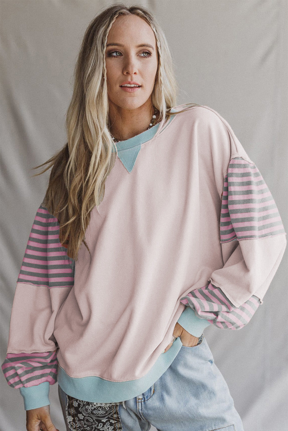Colorblock Patchwork Striped Sleeve Sweatshirt