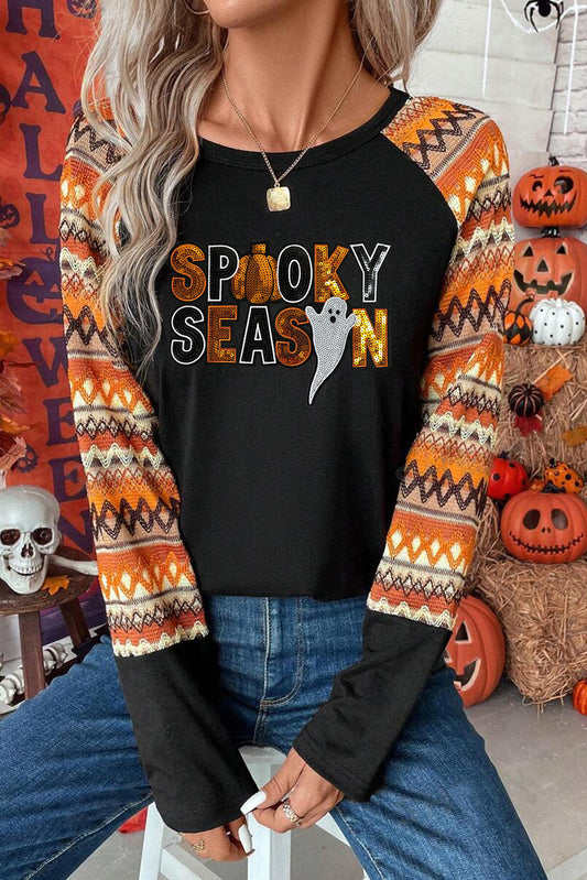 Orange Spooky Season Sequin Patched Contrast Long Sleeve Top