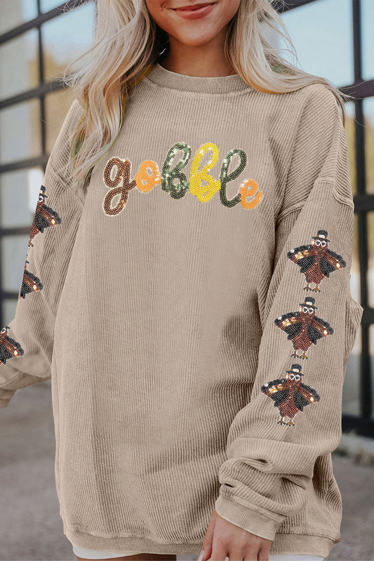Smoke Gray Gobble Turkey Thanksgiving Sequined Patch Corded Baggy Sweatshirt