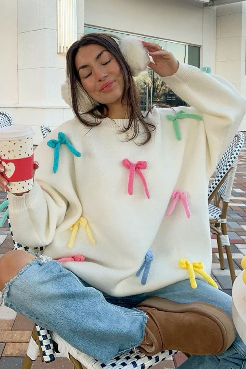 Beige Colorful Bowknot Crewneck Knit Sweater