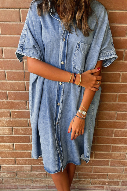 Light Blue Vintage Wash Loose Denim Shirt Dress