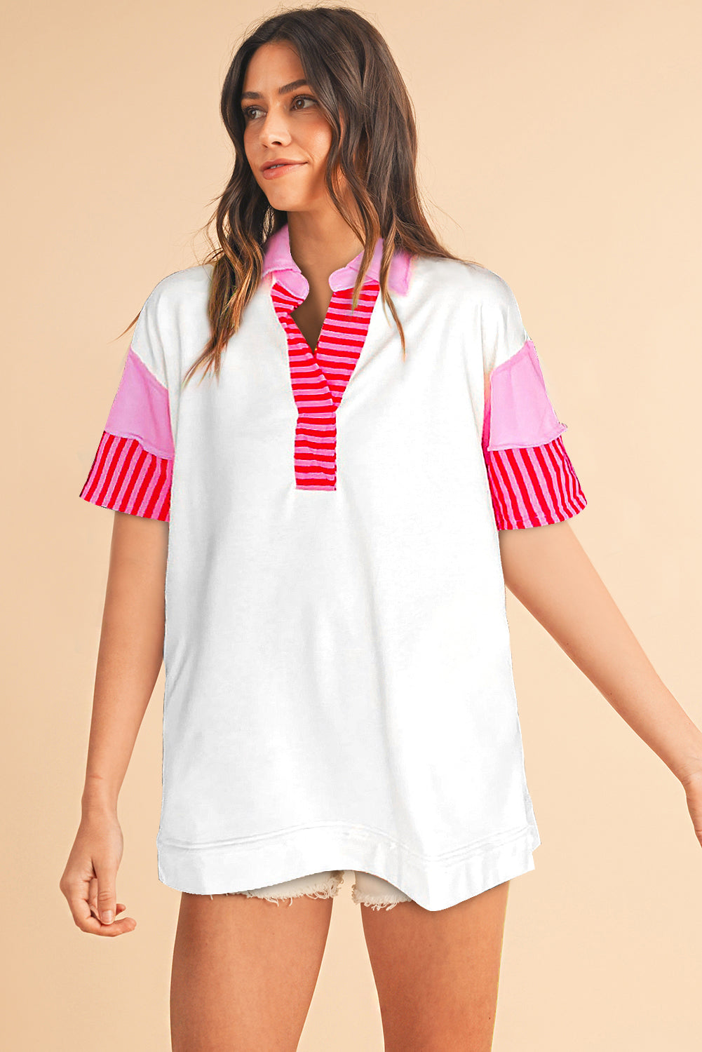 Pink Stripe Colorblock Sleeve Collared Mini Dress