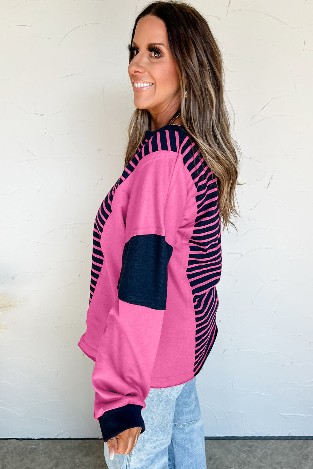 Pink & Navy Striped Colorblock V-Neck Long Sleeve Top