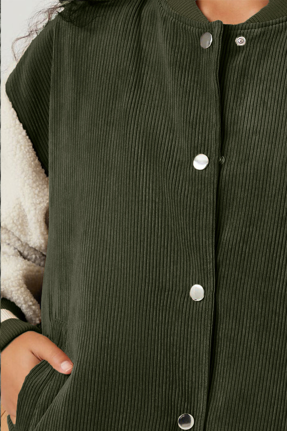 Mist Green Corduroy Fleece Patchwork Buttoned Bomber Coat