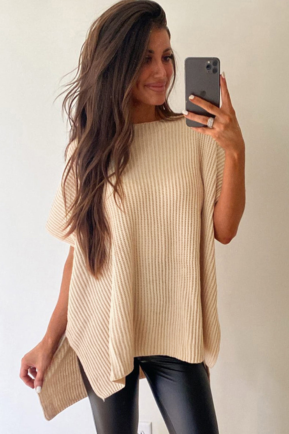 Gray Side Slit Short Dolman Sleeve Knitted Oversized Top