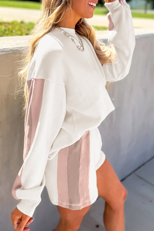 White Color Block Patchwork Drop Shoulder Pullover Casual Shorts Two Piece Outfit
