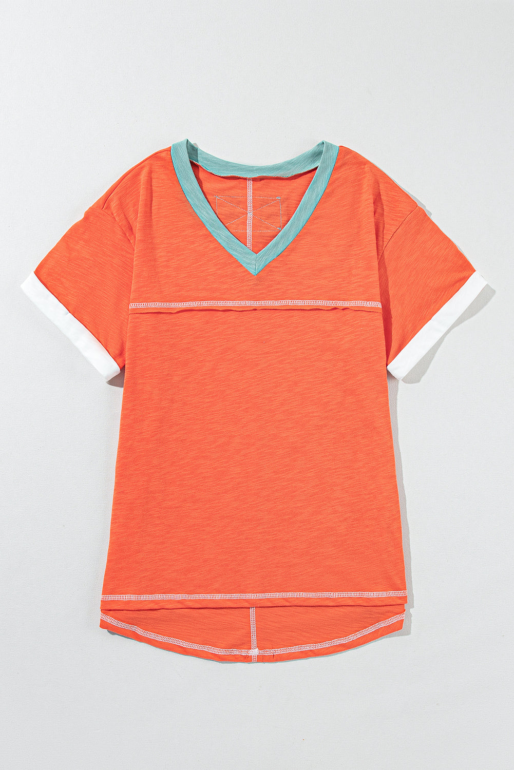 Grapefruit Orange Contrast Trim Exposed Seam V Neck T Shirt