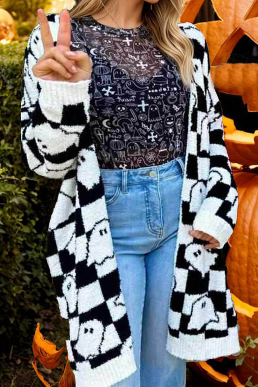 Black Halloween Plaid Ghost Pattern Mid length Knitted Cardigan