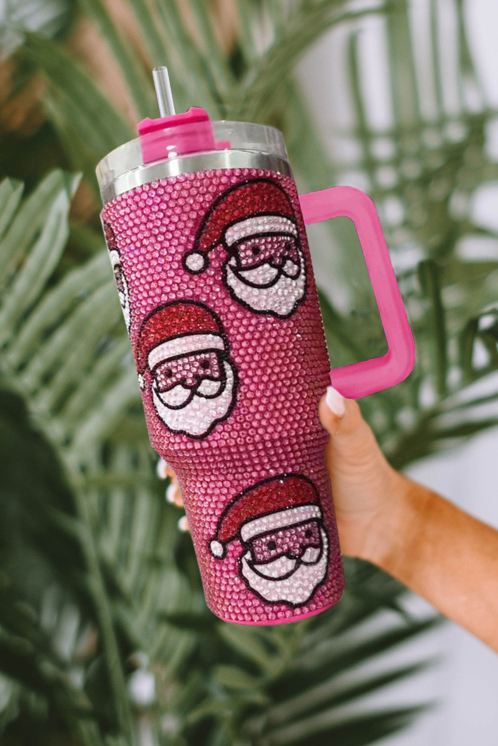 Pink Christmas Santa Claus Diamond 40oz Tumbler Cup with Straw