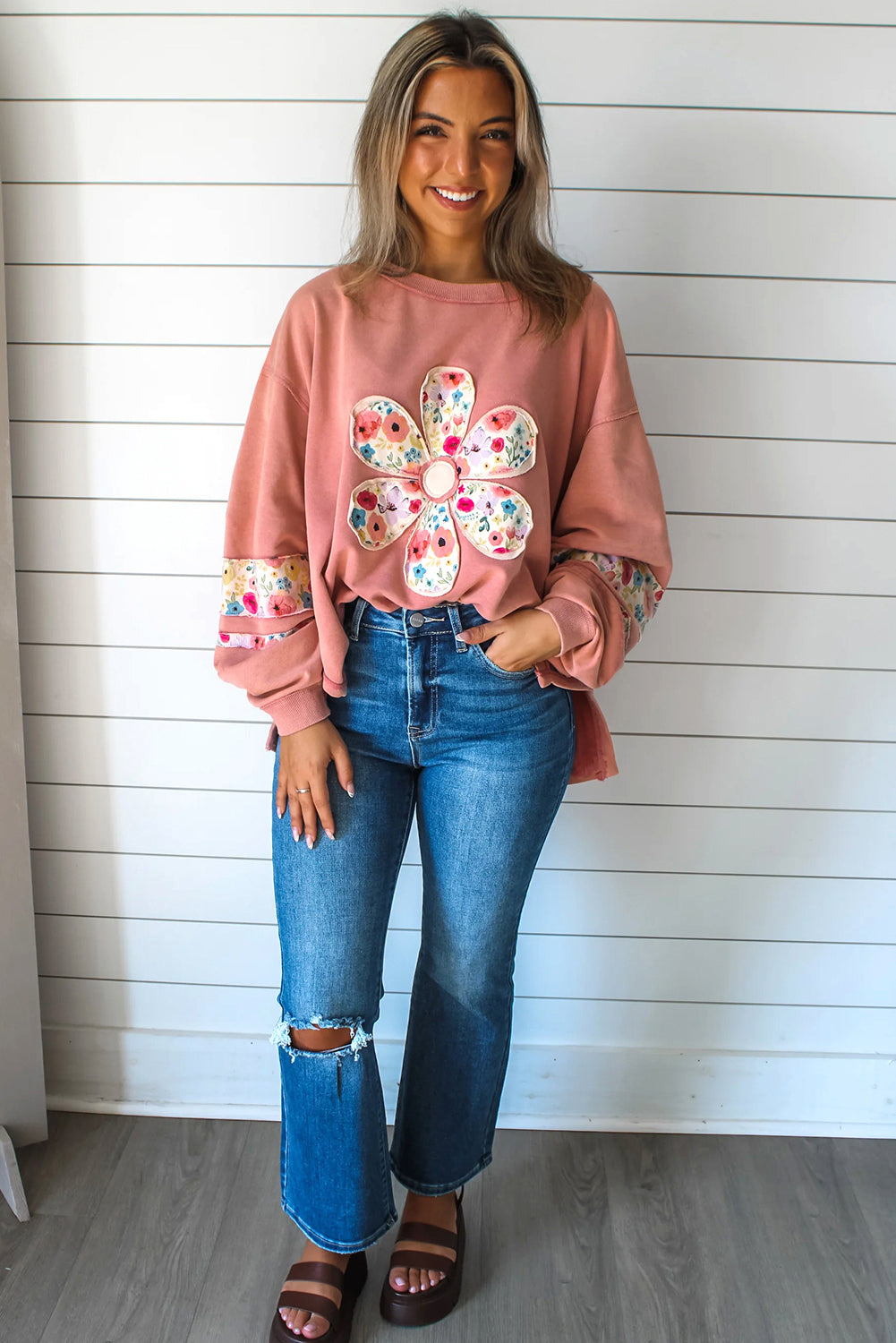 Peach Flower Applique Patchwork Drop Sleeve Pullover Sweatshirt